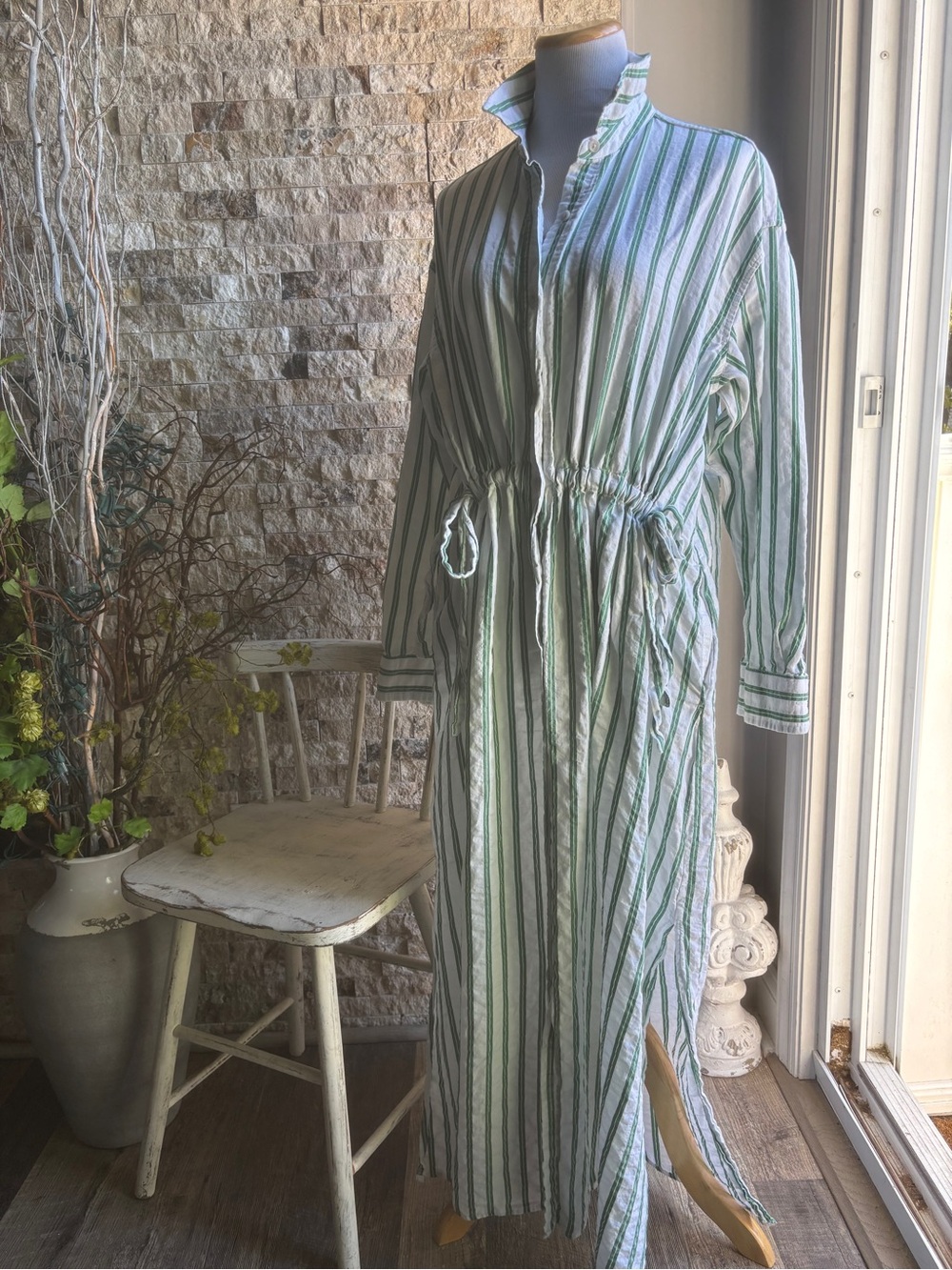 Universal Thread Green & White Striped Button-Up Dress